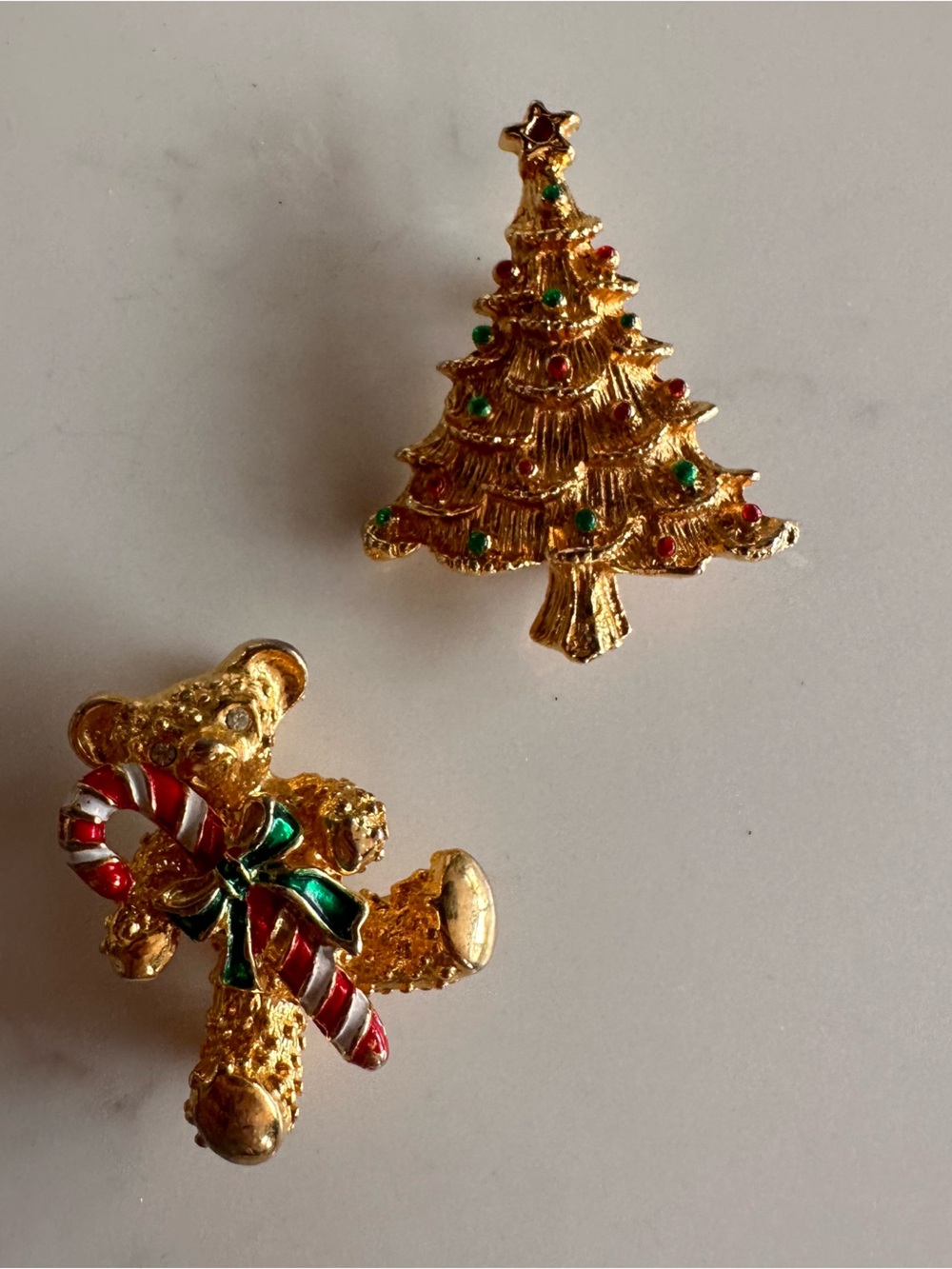 Festive Gold-Tone Christmas Tree and Bear Pin Brooch Set - Holiday Jewelry